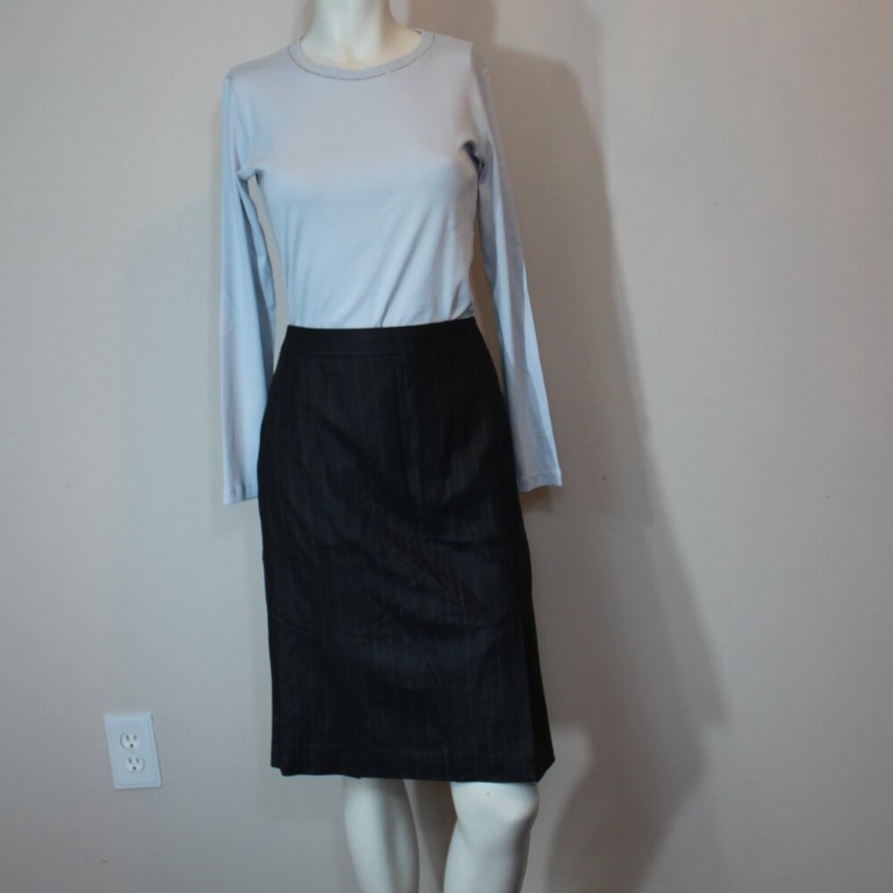 THEORY Wool Pencil Skirt Dbl Vented Hidden  skirt striped grey Bergdorf size 6/8